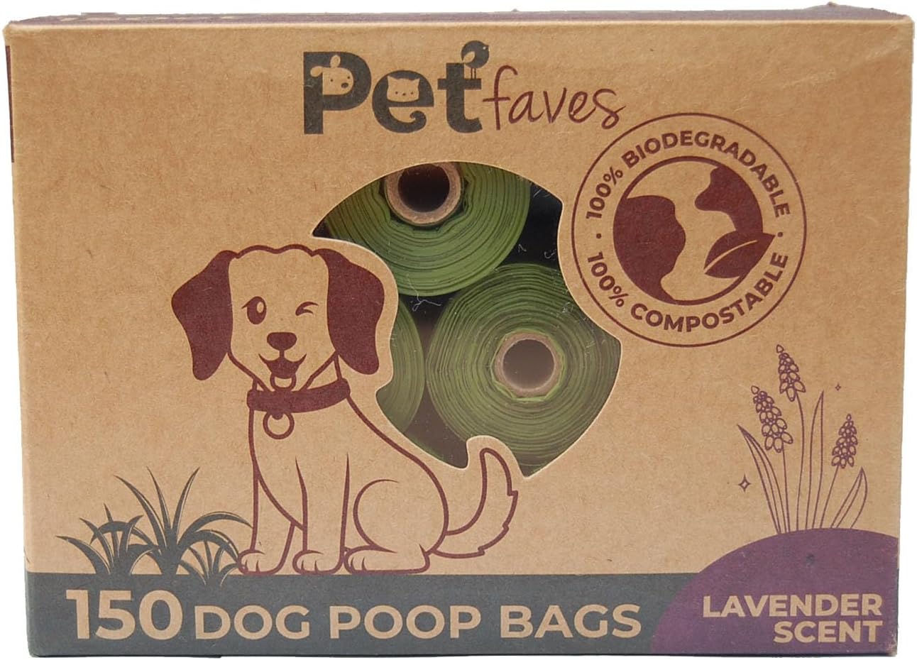 Pet Faves Biodegradable Dog Poop Bags -100% Leak-Proof, Strong and Extra Long Poop Bags for Dogs and Cats waste bag, Lavender Scented- 150 Count, with bag dispenser